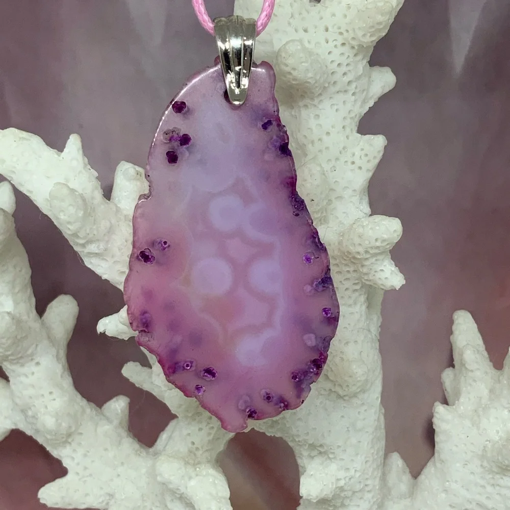 Pink and Purple Agate Necklace on Waxed Cotton Cord - Handcrafted - Picture 2 of 10
